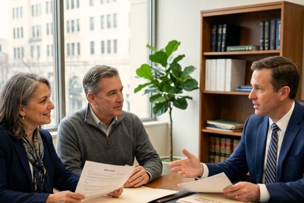 Wisconsin probate attorney helping a couple review estate documents, asset records, creditor claims, and required court filings during probate in Wisconsin