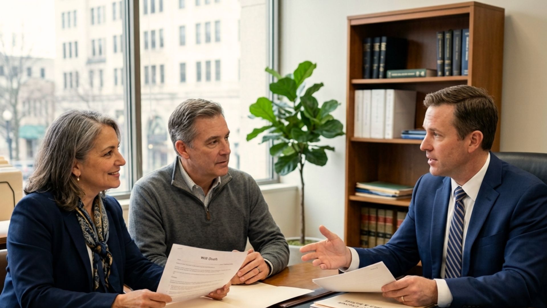 Wisconsin probate attorney helping a couple review estate documents, asset records, creditor claims, and required court filings during probate in Wisconsin