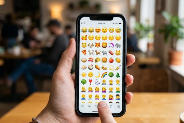 Colorful emojis displayed on a smartphone screen representing digital communication and online conversations on World Emoji Day