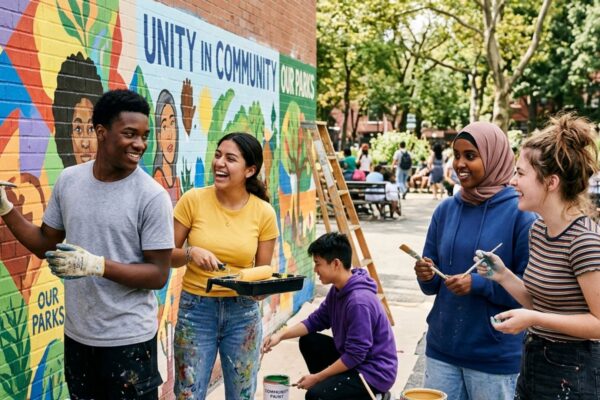 Young people collaborating on community projects, technology, and social initiatives while celebrating International Youth Day