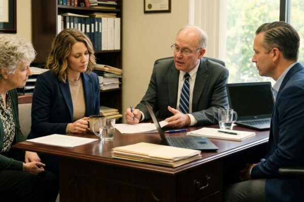 Estate planning attorney helping an older adult and family prepare powers of attorney, healthcare directives, and incapacity plans before diminished capacity progresses