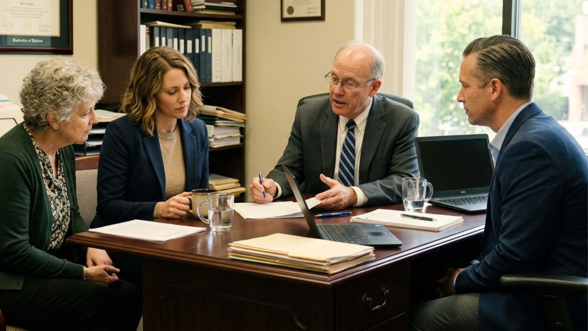 Estate planning attorney helping an older adult and family prepare powers of attorney, healthcare directives, and incapacity plans before diminished capacity progresses