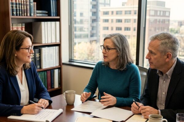 Family meeting with an estate planning attorney to discuss placing insurance in trust, beneficiary rights, and policy ownership