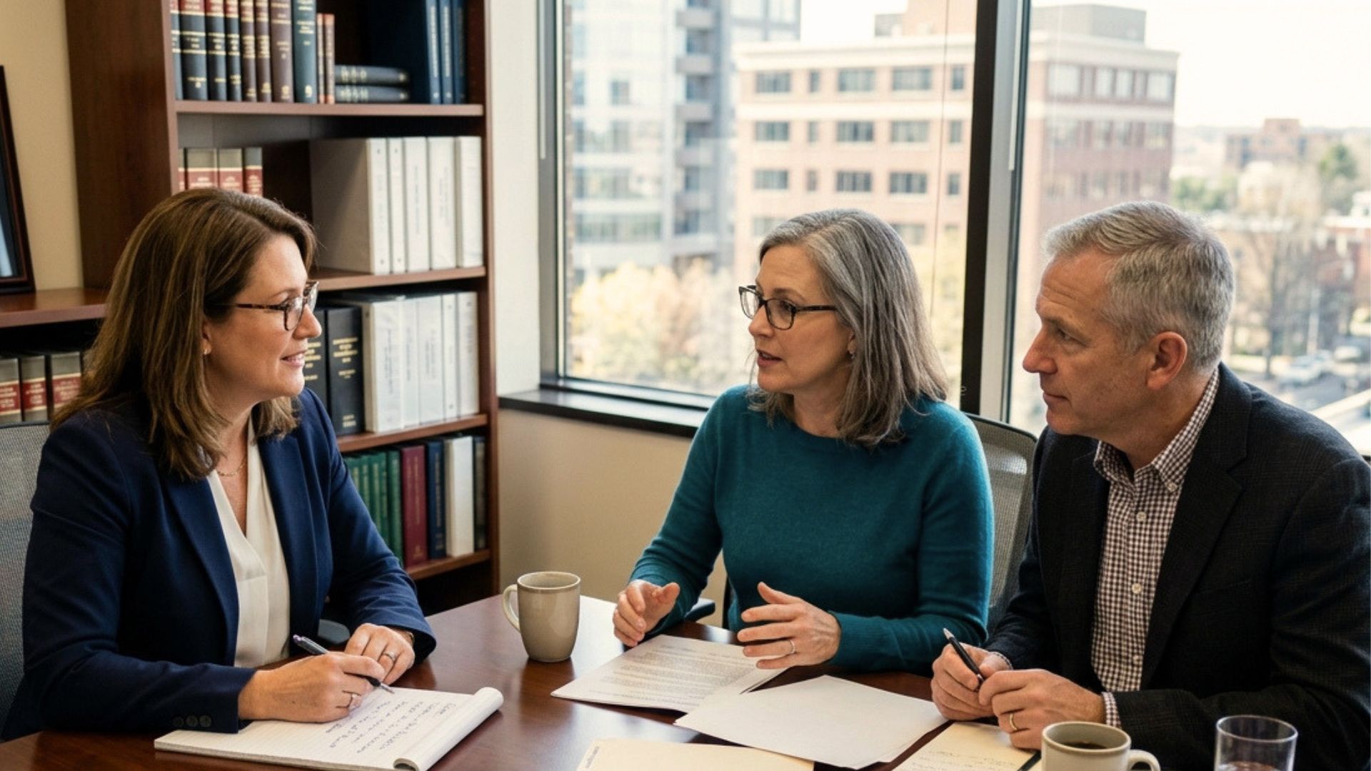 Family meeting with an estate planning attorney to discuss placing insurance in trust, beneficiary rights, and policy ownership