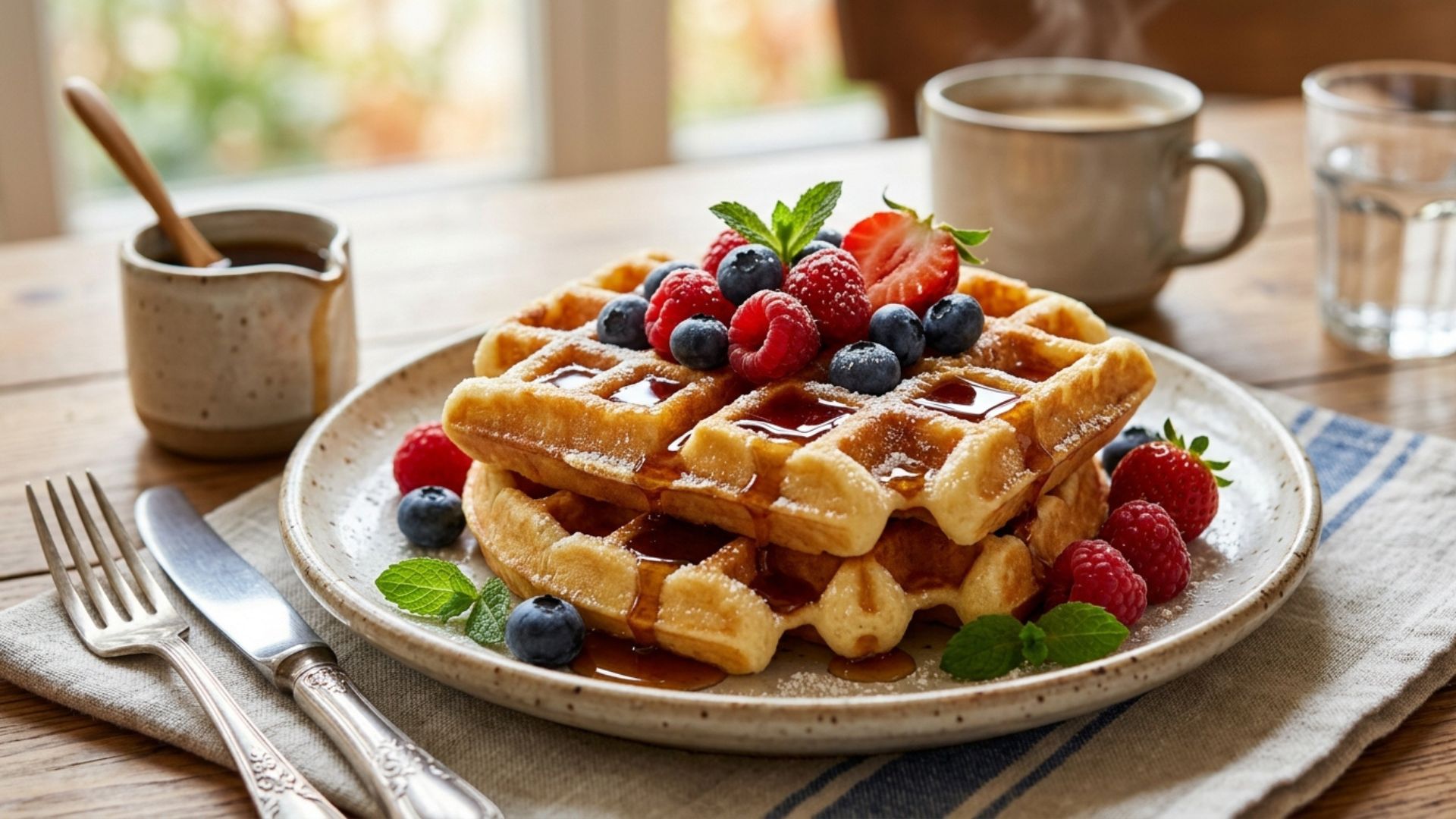 Golden waffles served with syrup and berries representing National Waffle Day and the history of waffles from medieval cooking to American breakfast culture