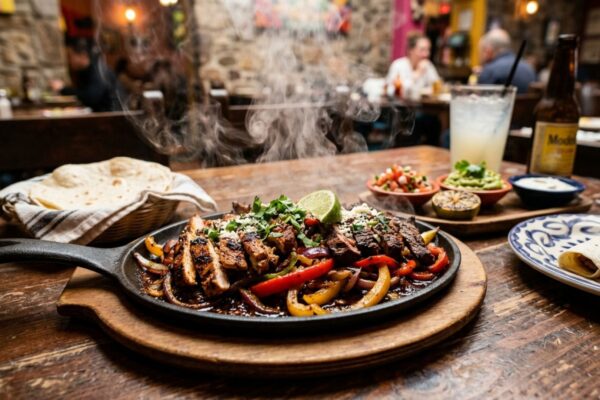 Sizzling Tex Mex dishes with grilled skirt steak, peppers, onions, and warm tortillas celebrating National Fajita Day