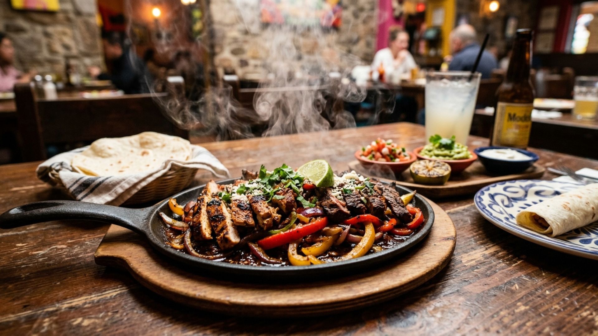 Sizzling Tex Mex dishes with grilled skirt steak, peppers, onions, and warm tortillas celebrating National Fajita Day