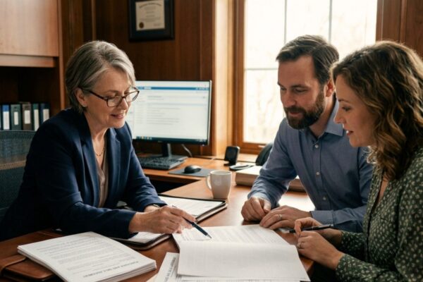 Wisconsin probate attorney reviewing estate accounting records with beneficiaries, including assets, expenses, distributions, and financial documentation