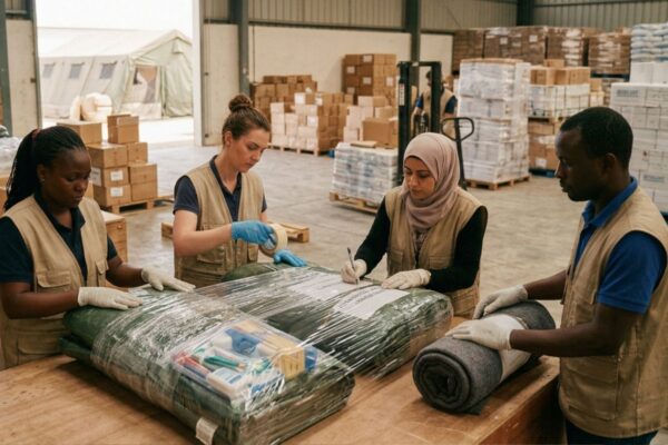 Humanitarian workers packaging aid, highlighting importance of humanitarian rights on World Humanitarian Day