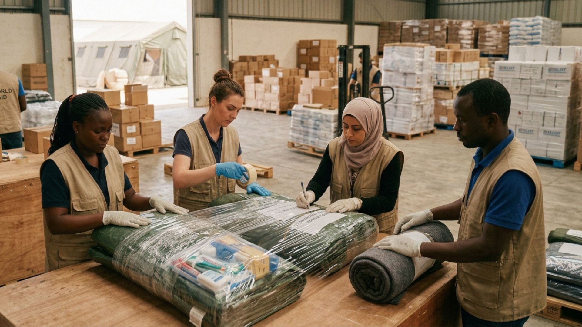 Humanitarian workers packaging aid, highlighting importance of humanitarian rights on World Humanitarian Day