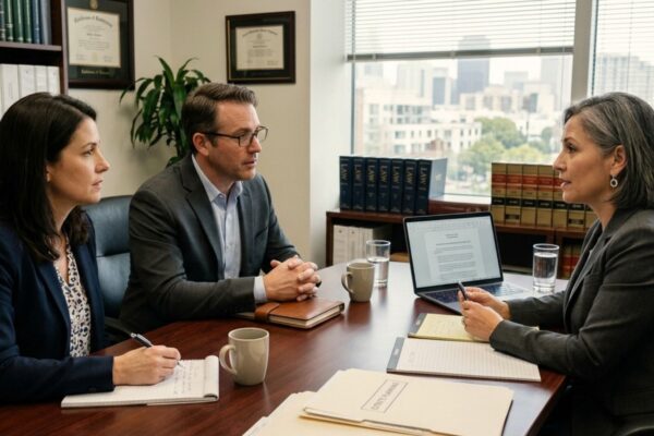 Madison professional couple meeting with an estate planning attorney to coordinate university retirement benefits, business interests, trusts, and family wealth planning