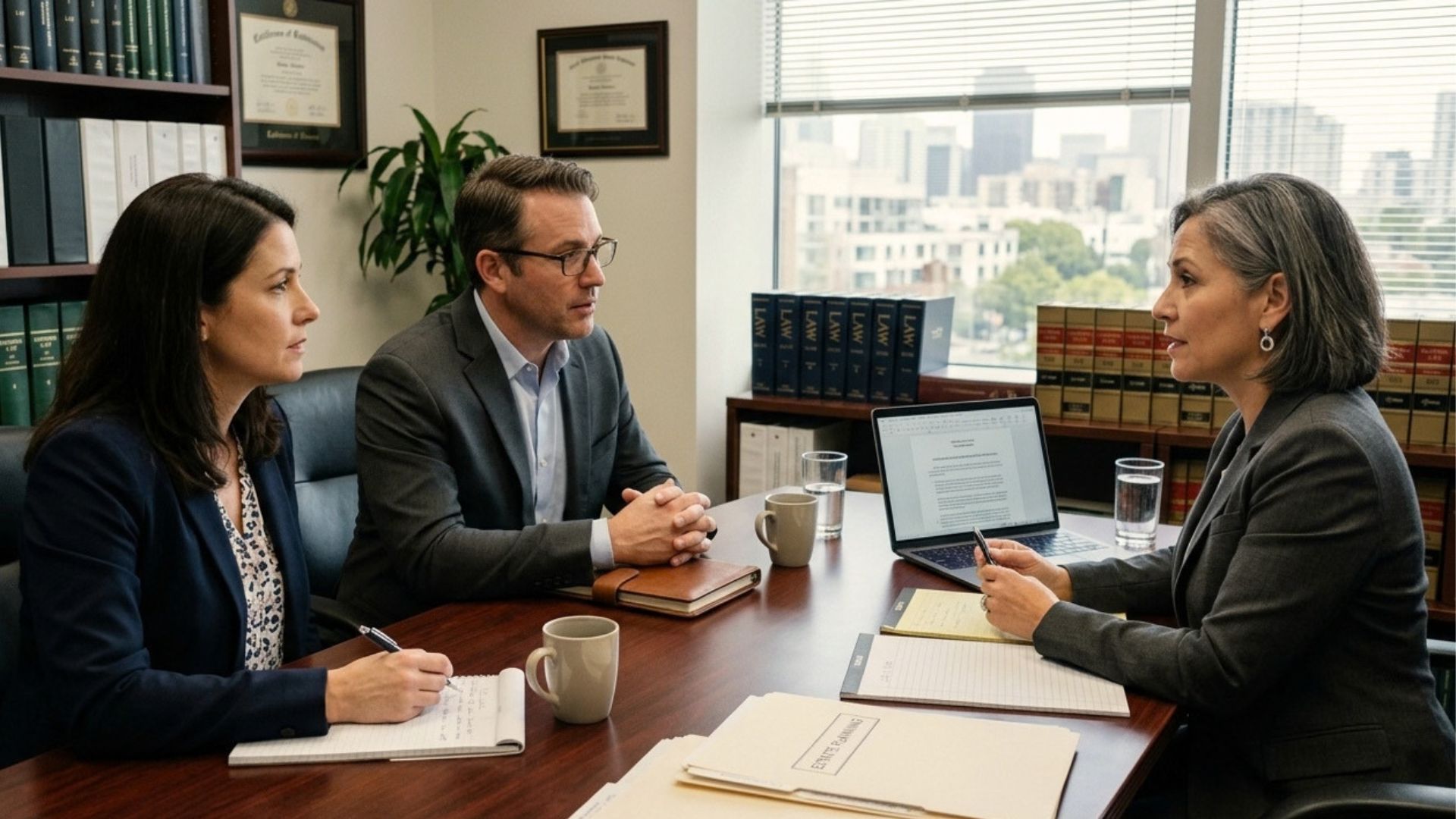 Madison professional couple meeting with an estate planning attorney to coordinate university retirement benefits, business interests, trusts, and family wealth planning